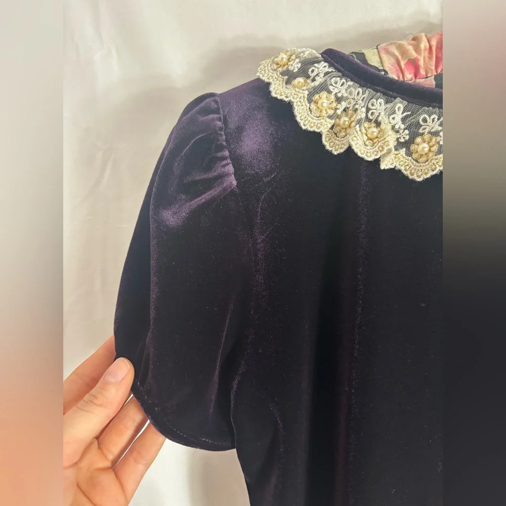 Purple Velvet Scoop Neck Lace+Pearl Embellished Neckline Puff Sleeve Top Size M - Picture 13 of 16